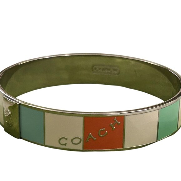 NEW COACH LOGO GOLD TONE ENAMEL MULTICOLOR GREEN ORANGE WHITE BANGLE BRACELET - Picture 1 of 4